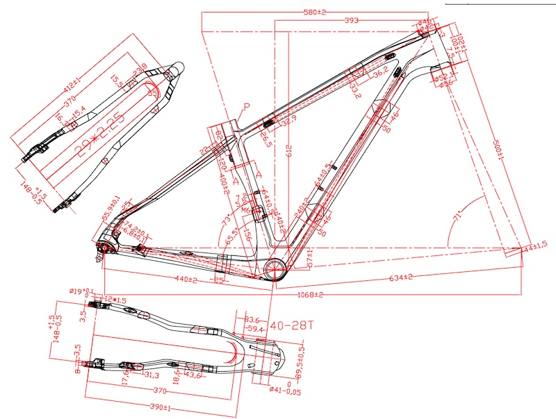 MTB-Carbon-Fahrradrahmen 2D-Zeichnung